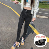 Toloer Female Autumn 2024 New Korean Version Slim Show Thin High Waist Two Buckle Elastic Small Feet Pencil Pants Tide-Outfit