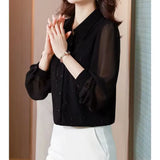 for Women Elegant 2023 Spring Summer Turn-down Collar Long Sleeve Solid Chiffon Button Shirt Casual Fashion Tops-Outfit
