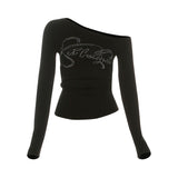 2025 New Women's Clothing Sexy Hot Girl Slanted Shoulder Hot Diamond Body Slim Thin Irregular Top