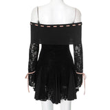 Black Off-Shoulder Lace Sleeve Mini Dress-Outfit