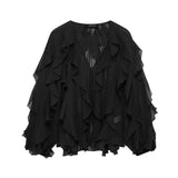 Women's V-Neck Folding Trim Shirt Long-Sleeved Top Loose
