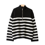 Ribbed Stripes Half-Zip Sweater Women Autumn Winter Clothing 2022 Oversized Pullovers Jumpers Femme Fashion Streetwear
