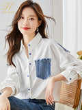 Han Queen New Denim Patchwork White Shirt Women Blouse Vintage Work Casual Tops Spring Autumn Elegant Loose Shirts And Blouses-Outfit