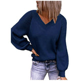 Toloer And Winter New Large Size Loose Sweater V-Neck Pure Color Pullover Sweater Female-Outfit