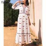Embroidered Long Dress Boho White V-Neck High Waist Maxi Dresses Fashion Spring Autumn A-Line Loose Holiday Party