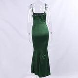 Green Satin Strappy Corset Maxi Dress-Outfit
