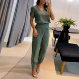 Trousers Suits 2023 New Women's Fashion Casual V-neck Printed Short Sleeve Tops And Pants Two Piece Set Woman