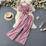 Women Summer Chic Korean Suit Sexy O Neck Chiffon Short Tops+High Waist Wide Leg Split Long Pants Two Piece