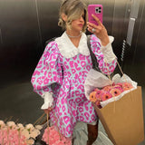 Toloer Spring New Dress Fashion Long Sleeve High Waist Print A-Line Skirt Doll Collar Fluffy Skirt-Outfit