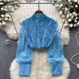Retro Style Advanced Bubble Sleeve Shirt Autumn Net Embroidery Design Light Extravagant Socialite Temperament Blouse-Outfit