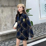 Autumn Fashion Two-piece Suits Thick Plaid Tweed Female Coat A-line Skirt Two 2 Piece Set Women Suit Basic Jackets