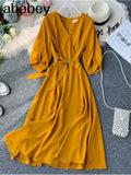 Vintage V Neck Autumn Midi Long Bandage Dress Party Vestido De Festa Evening Women Casual High Waist Elegant A-Line