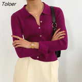 Chic Button Cropped Cardigan for Women Autumn Winter Slim Fit Knitted Sweater Woman Turn Down Collar Solid Jumpers