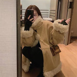 Fur Faux Fur Shaggy Coat Female Lamb Coats Fluffy Zipper Top Korean Fashion Large Pockets Velcro Stand Collar Bib Black