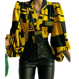 Explosion Spring New Temperament Button V-Neck Lantern Sleeve