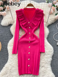 Women Ruffles Knitted Pencil Dress Korean Long Sleeve V Neck Elastic Slim Dress Autumn Winter Sexy Bodycon Warm Sweater