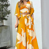 Toloer Women's V-Neck Lantern Sleeve Short Long Sleeve Top Wide Leg Pants Fashion Casual Suit