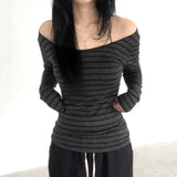Toloer Stripe Color Long-Sleeved T-Shirt Women's Shoulder Foundation Versatile Slim Thin Bottom Top-Outfit