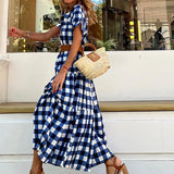 Toloer Spot 2023 Summer New Fashion Stand Collar Short Sleeve Bohemian Medium Long Plaid Dress-Outfit