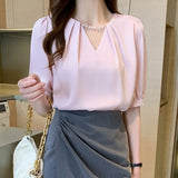 Top Femme Short Sleeve Blouse Women Blusas Mujer De Moda 2021 Verano Beading V-Neck Chiffon White Blouse Shirt Tops