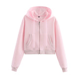 Women's Casual Sports Suit Spring Big Pocket Hooded Long Sleeve Zipper Repair Short-Sized Tidaught Rope