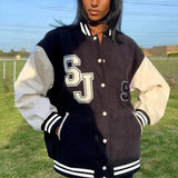 Autumn Winter Oversized Jackets Women 2022Fashion Letter Embroidery Baseball Varsity Black Loose Long Sleeve Y2K