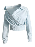 Toloer 2024 New Niche Design Irregular Cross Off-Shoulder Design Sense Long-Sleeved Shirt Women's Simple Top-Outfit