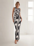 2025 New Round-Neck Elastic Body Abstract Cuffless Knitted Long Dress Women Tight-Up