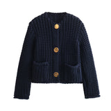 2025 New Women's Solid-Color Casual Fashion Coarse Knit Long-Sleeved Sweater Cardigan