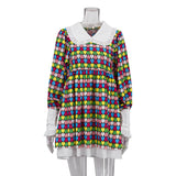 Toloer Spring New Dress Fashion Long Sleeve High Waist Print A-Line Skirt Doll Collar Fluffy Skirt-Outfit