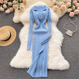 Women Korean Knitted Dress Long Sleeve V Neck Elastic Slim Pencil Dresses 2022 Autumn Sexy Bodycon Split Sweater