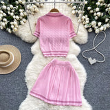 New Knitted Shirt Two Sets Of Women Retro Short-Sleeved Top + High-Waisted Folded