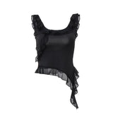 Toloer Women's Sexy Hot Girl Irregular Top Ins Versatile Sleeveless U Collar Wood Edge Condole Belt Vest Woman-Outfit