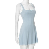 Blue Square Neck Strap Mini Dress-Outfit