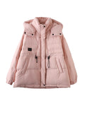 Outdoor Cold Resistant White Duck Velvet Overalls Down Jacket Female 2024 New Fashion Hooded Leather Logo Waist Show Thin Coat-Outfit