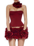 Red Lace Up Corset And 3d Flower Mini Skirt Two-Piece Set-Outfit