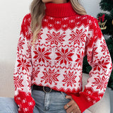 Shooting Autumn And Winter Snowflake Pattern Lantern Long Sleeve High-Necked Collar Sweater Women's