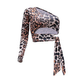 Toloer 156 Spot 2023 New Leopard Print Crop Sexy Lace Slim Inclined Shoulder T-Shirt Top Women-Outfit