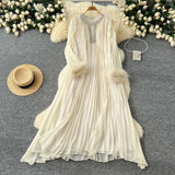 2025 New Elegant Solid Dress Round Collared Loose Hair Splicing 100 Folding Long