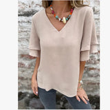 Summer Solid Female Loose V-Necked Leaf Sleeve Top High Temperature Stereotyped