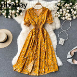 button floral print V Neck Long Dress Summer Party elastic waist dress Women elegant tunic split beach
