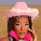 Rhinestones Tassels Cowboy Hat Party E-girls Casual Outwear Feather Patchwork Caps Vintage Elegant Hats Clubwear 2023-Outfit