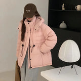 Outdoor Cold Resistant White Duck Velvet Overalls Down Jacket Female 2024 New Fashion Hooded Leather Logo Waist Show Thin Coat-Outfit