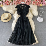 Purple/Green/Red Lace Midi Dress Women Sweet Round Neck Ruffle Vestidos Female High Waist Slim Robe Spring Autumn