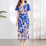 Banquet Famous Wind V-Neck Short-Sleeved Body-Brace Three-Dimensional Flower Lace Dress 2025