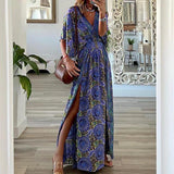 Toloer 2023 New Fashion V-Neck Short-Sleeved Loose Bohemian Side Slit Dress Print Dress-Outfit