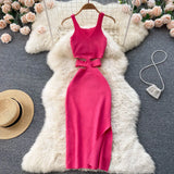 Women 2022 White Pencil Dress Tank Sleeve V Neck Bodycon Sexy Vestidos Kpop Vintage Elastic Knitted Female Summer Midi