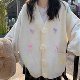 Version V-Collar Three-Dimensional Flower Bow Fashion Knitted Cardigan Autumn And Winter New Loose Lazy Sweet Sweater Girl-Outfit