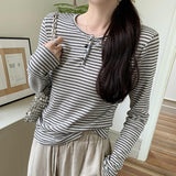 Is A Unique Korean Style Lazy Style Thin Long-Sleeved Striped T-Shirt, A New Slim Blouse For Women In Early Autumn.-Outfit