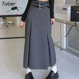 Korean Style High Waist Long Skirts Women Double Belt Preppy Midi Skirts Woman 2023 Black Gray Y2K Pleated A Line